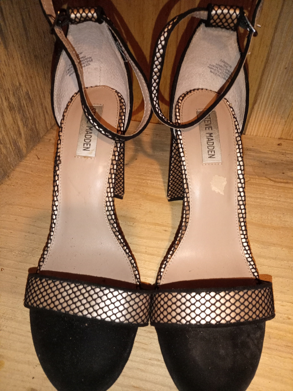 Steve Madden Black and Gold Mesh Ankle-Strap Heels